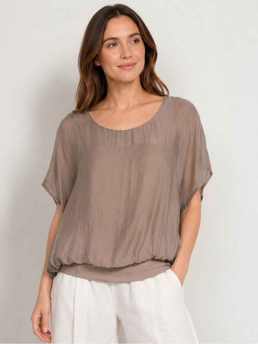 Giusy Women Silk Blend Cape Blouse Top Made in Italy Taupe Minimalist Neutral